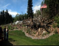 Driftwood and rock sculpture garden by highway.