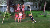 Madelyn and Madison on swing, Maya and Liana standing. Oliver running in.